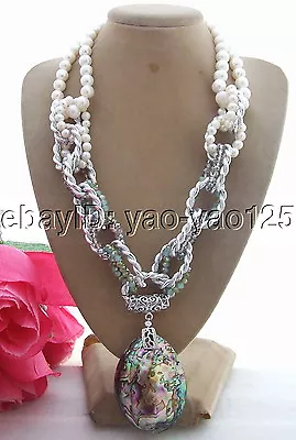 White Pearl  Abalone Shell Crystal Necklace  Abalone Shell Pendant Necklace • $28