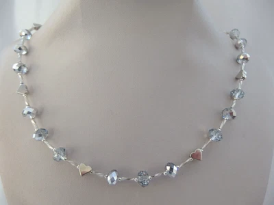 £5.49 • Buy Half Silver And Clear Faceted Glass And Silver Tone Heart Bead Necklace