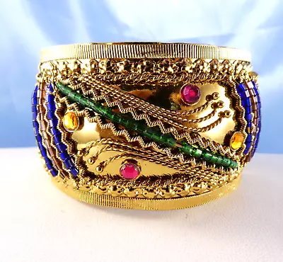 Gold Tone Filigree WIDE Bangle Bracelet Bejeweled Clamper Style • $15