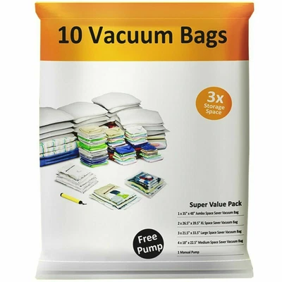 $18.99 • Buy Pack Of 10 Vacuum Storage Bags Compress Seal Closet Space Saving Organize