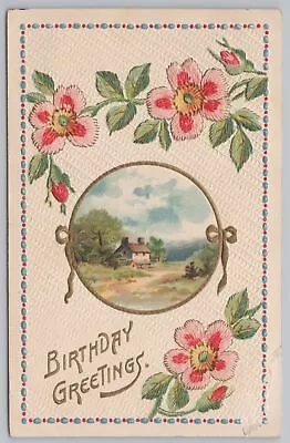 Greetings~Pink Flower & Home In Circle Birthday Greeting~Vintage Postcard • $2.80