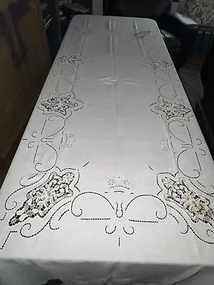 Antique Handmade Linen Banquet Tablecloth Needle Lace Inserts Embroidery Filet • $124.99