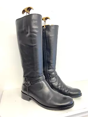 Gabor Comfort Black Leather Knee High Buckle Biker Boots Size 5 • £13.99