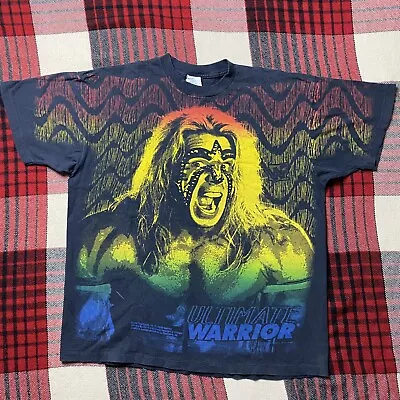 Vintage 90s  WWF Ultimate Warrior All Over Print Tee Shirt XL WWE Rare • $299.99