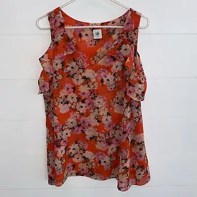 CAbi Lush Blouse Women's Large Cold Shoulder Blouse Orange Pink Floral 2 Layers • $17.50