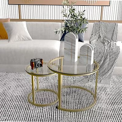 Aboxoo Gold Nesting Coffee Table Set Of 2 Small Glass Nesting Tables For Living • $72.35