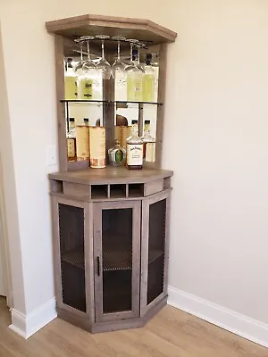 Corner Home Mini Bar Gray Wood Liquor Wine Cabinet With Stem Rack Bottle Holder • $299.89