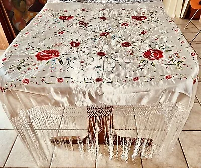 Vintage Silk Piano Scarf  Embroidered Shawl Wrap Floral Fringe Table Cloth Roses • $160