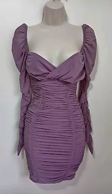 Oh Polly Purple Long Sleeve Ruched Mesh Bodycon Mini Dress 4 Dream On • £12