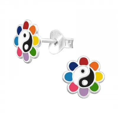 Yin Yang Flower 925 Sterling Silver Colourful Ear Studs Boxed Pair Of Earrings • £6.75