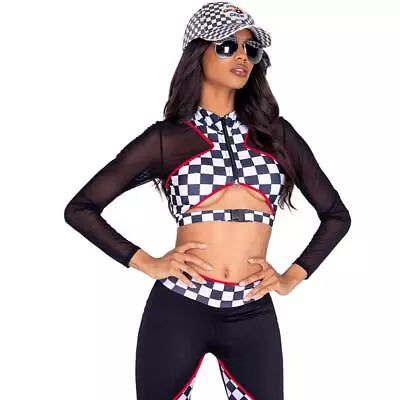 Race Car Driver Costume Checkered Crop Top Cut Out Sheer Mesh Sleeves Pants 5021 • $74.99