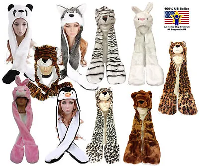 Animal Fluffy Plush Warm Full Hoodie Hat/Animal Hat Cap With Scarf Mitten Paws • $19.98