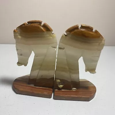 Vintage Trojan Horse Head Bookends Carved Onyx Rock Marble Stone Book Ends 6  • $18.99