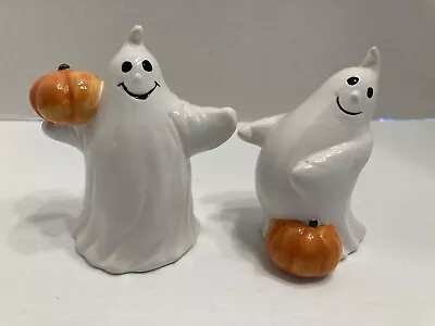 Vintage Halloween Ghost Pumpkin Salt & Pepper Shakers 1993 Ceramic Exc. Cond! • $12