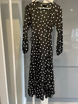 Wallis  Black & White Polka Dot Waterfall Side Tie Wrap Dress Size 8 • £15