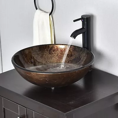 Bathroom Sink Bowl Wash Basin Countertop Tempered Glass Tap Waste Set Round • £57.49