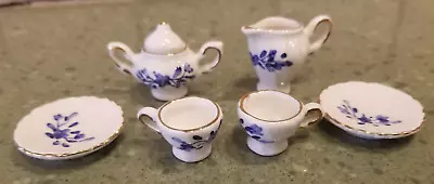 7pc MINIATURE PORCELAIN TEA SET: WHITE SWIRL BLUE FOLIAGE BRANCHES GOLD TRIM • $8