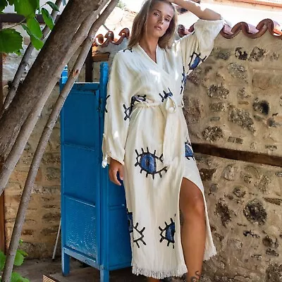 Stone Printed Muslin Kimono Cotton Handmade Caftan Robe Boho Dressing Gown • $69.99