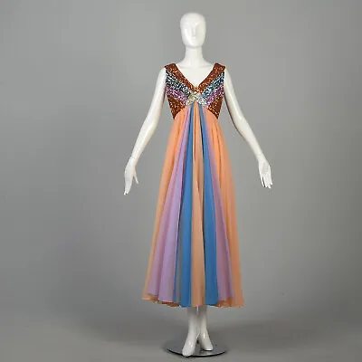 Medium 1970s Sherbet Maxi Dress Mike Benet Orange Sequin Sleeveless Prom Evening • $243