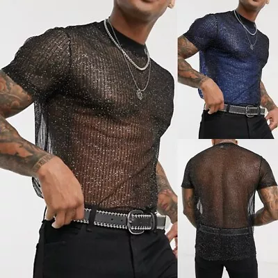 Mens Sexy Lingerie Mesh See Through T-Shirts Tee Short Sleeve Club Party Tops UK • £10.69