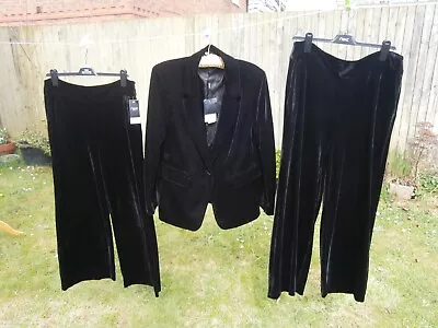 Next Black Velvet New Suit. Size Petite 16 Jacket. Petite 14 And 16 Trousers. • £70