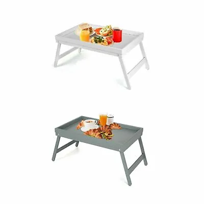 White Grey Bamboo Wooden Breakfast Serving Lap Tray Bed Table With  Folding Legs • £12.99