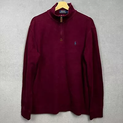 Polo Ralph Lauren Jumper Mens Large Burgundy 1/4 Zip Cotton High Neck Logo Pony • £32.99