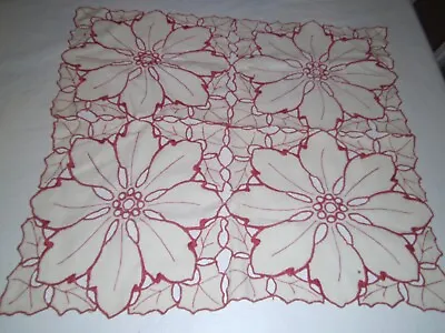 Vtg CHRISTMAS POINSETTIA Cut-Out Table Topper 24  X 26  1950’s Embroidered • $9.73