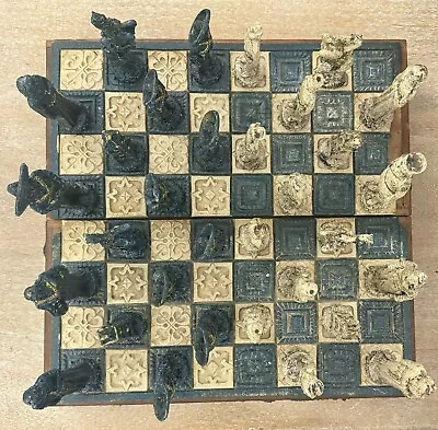 Vintage Mayan Aztec Conquistador Folding 18” X 18” Malachite Chess Set Complete • $89