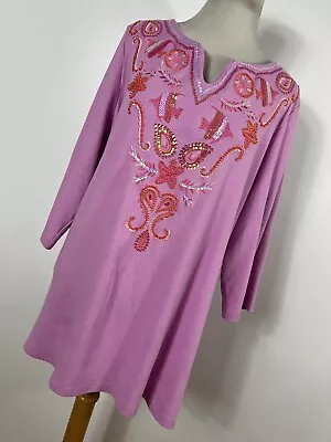 Quacker Factory 1X Shirt Top Pink Orange Embroidered Embellished V Neck J3 • $20.40