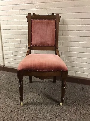 Antique Carved Wood Pink Velvet Upholstered Accent Chair 35 1/2 X 17” Wide Beaut • $225