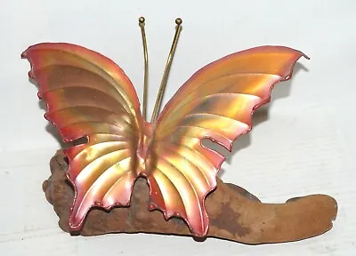 Vintage Mid Century Metal Butterfly Sculpture Tree Root Wood Base Rustic Decor • $21.95