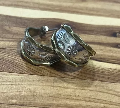 Vintage Sterling Silver Brass Accent 925 Boho   Stamped Hoop Pierced Earrings • $27.50