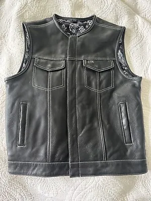 First Mfg Co “Bandit” Men's Leather Motorcycle Vest L Black W White Stitching • $175
