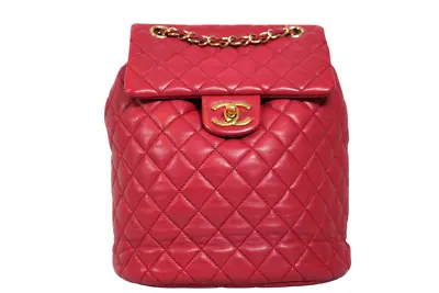 CHANEL Classic Red Lambskin Matelasse Qilted Backpack • $3060