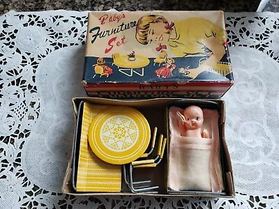 Vintage Miniature Tin Metal Doll Furniture Set W/ Celluloid Baby Japan • $44.99