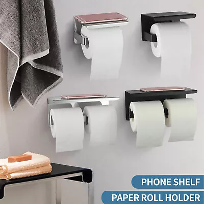 Toilet Paper Roll Holder SUS304 Shelf Storage Cover Twin Hook Wall Chrome Black • $36.79