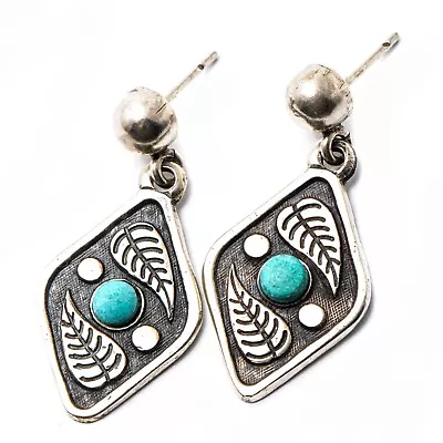 Nice Mexico Sterling Silver Natural Turquoise Leaf Earrings (K146) • $0.99