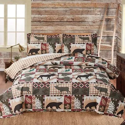 Lodge Bedspread King Size Cabin Quilt Sets Moose Bear Bedspread Coverlet • $54.15