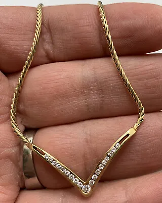 14K Yellow Gold  & Diamond V Shaped Pendant 17  Necklace (11.5Gr) • $795
