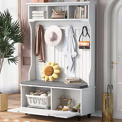 Entryway Hall Tree Bench With Coat Rack With Cushion & 4 Hook 5 Storage Cabinet • $226.85