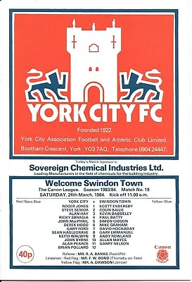 1983-84 York City V Swindon Town  • £1.75