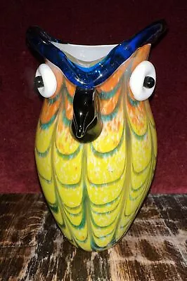 MCM Murano Art Glass Pitcher Owl Orange Yellow Blue Speckled • $99.99