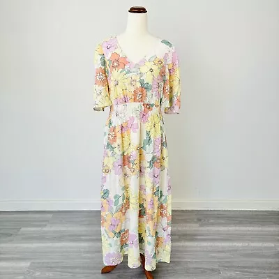 Sussan Womens Maxi Dress Floral Pastel Linen Viscose Short Sleeve Size 12 • $39.95