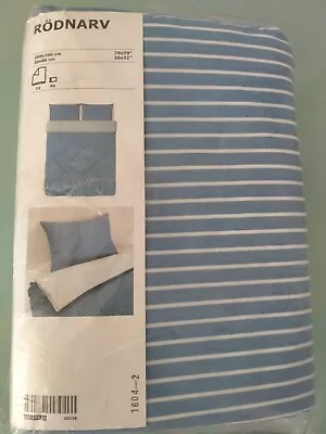 Ikea Rodnarv Blue Double Size Duvet Cover & 4 Pillowcases - White Striped • £59