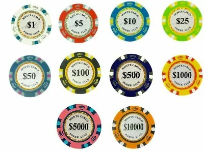 Monte Carlo Smooth 14 Gram Poker Chips Sample Set Pack - 10 Denominations NEW • $9.99