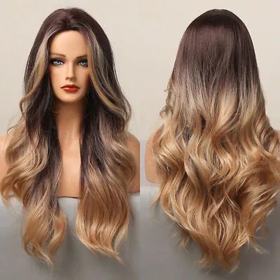 Honey Blonde Highlighted Wigs Ombre Brown Long Body Wave Cosplay Hair For Women • $16.99