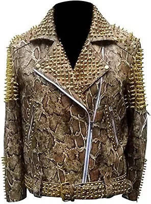 Men's Python Snake Skin Print Punk Golden Spiked Studded Biker Leather Jacket • $224.99