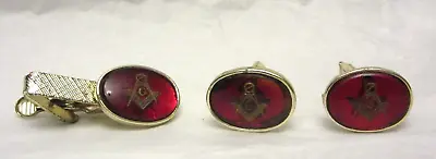 Vintage Masonic Freemason Cufflinks Tie Clip Set Red & Silver Tone • $24.99