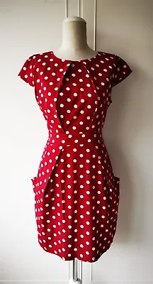 QED LONDON Red Polka Dot Dress Belted & Pocket Detail Size 10 • £7.50